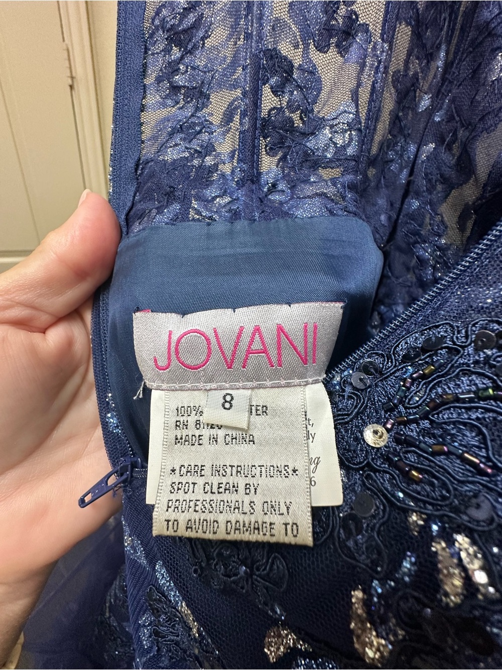 Jovani Strapless Navy Beaded Lace Evening Gown